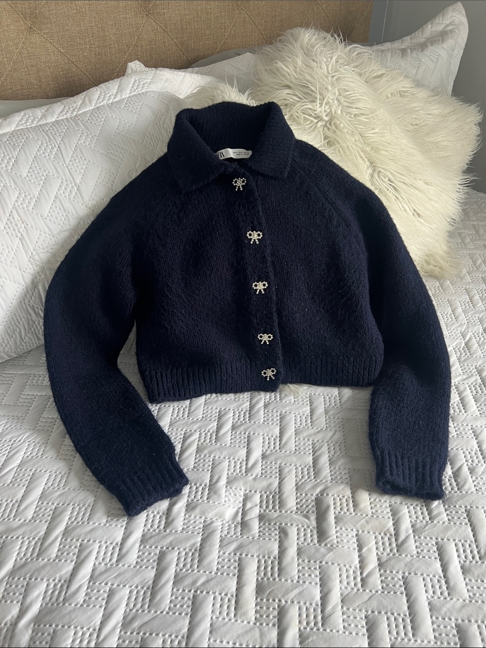 Zara Black Cropped Knit Jacket with Decorative Bow Buttons